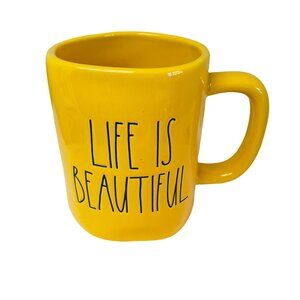 Rae Dunn Ceramic Mug  Life Is Beautiful"Yellow 16 Oz Unique Shape  Dishwasher Sa